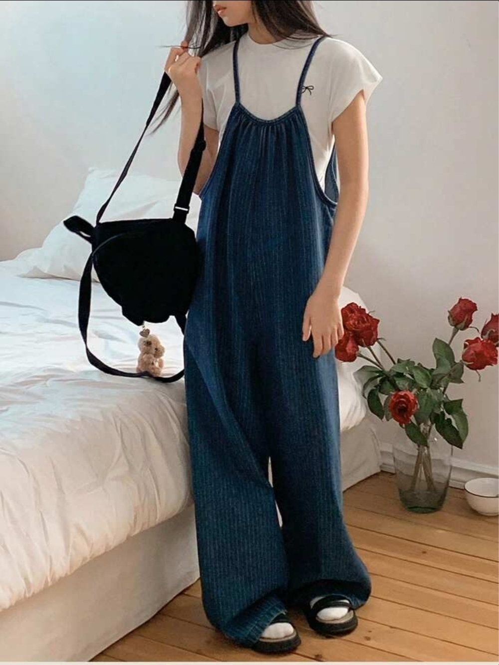 Kids Navy Wide-Leg Denim-Style Romper Jumpsuit
